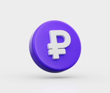 Yüzeyinde beyaz ruble sembolü bulunan 3D Mor bir madeni paranın 3 boyutlu çizimi, 3 boyutlu illüstrasyon