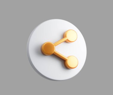 İçerik paylaşımını temsil eden, içinde altın paylaşım sembolü olan üç boyutlu beyaz yuvarlak simge. 3B Görüntü.