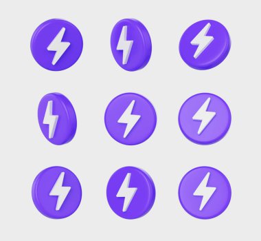 Beyaz yıldırım sembollü mor simgeler, enerjiyi, gücü ve hızı sembolize ediyor, 3 boyutlu illüstrasyon