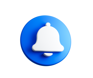 Bildirimler ve güncellemeler için 3D Mavi ve Beyaz zil simgesi. 3d illüstrasyon