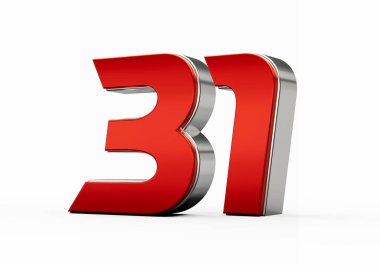 Metalik kırmızı 31 numara. Gümüş kenarlı 31 numara beyaz arka planda duruyor. 3d illüstrasyon
