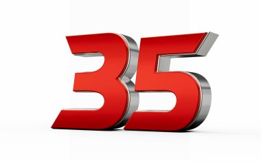 Metalik kırmızı 35 numara gümüş kenarlı 35 numara beyaz arka planda duruyor. 3d illüstrasyon