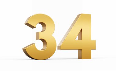 3D Altın Numara 34 Beyaz zemin üzerinde 34 izole edilmiş, 3D illüstrasyon