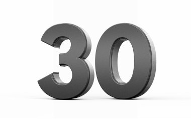 Parlak metalik 30 numara. Beyaz zemin üzerinde 30 numara, 3D görüntü.