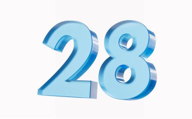 3d Parlak Mavi 28 numara. Beyaz arka planda 28 numara izole edilmiş. 3d illüstrasyon