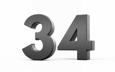 Parlak metalik 34 numara. Beyaz arka planda 34 numara, 3D görüntü.