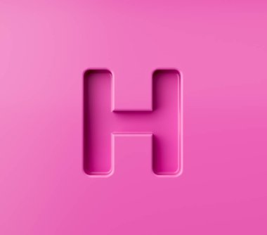 Pembe arka planda H harfi kabartmalı pembe alfabe harfi, 3 boyutlu illüstrasyon