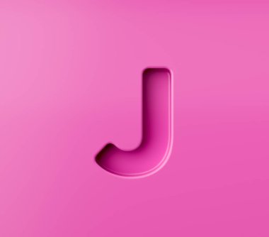 Pembe alfabe harfi J pembe arka planda kabartmalı, 3D resimli.