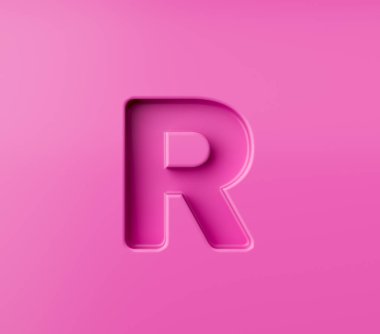 Pembe alfabe harfi R pembe arka planda kabartmalı, 3D resimli.