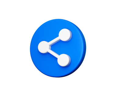 Beyaz paylaşım sembollü 3D Mavi dairesel simge, içerik paylaşımını temsil ediyor. 3B Görüntü.
