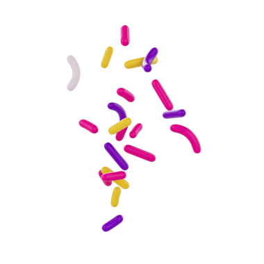 Parlak ve renkli şekerler serpiştirilmiş ve havada yüzüyor, üç boyutlu bir resim.