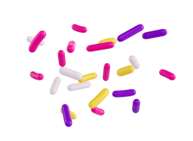 Parlak ve renkli şekerler serpiştirilmiş ve havada yüzüyor, üç boyutlu bir resim.