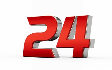 Metalik kırmızı numara 24 veya 24 gümüş kenarlı beyaz arka planda duruyor. 3d illüstrasyon