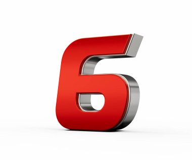 Metalik kırmızı numara 6 gümüş kenarlı beyaz arka planda duruyor. 3d illüstrasyon
