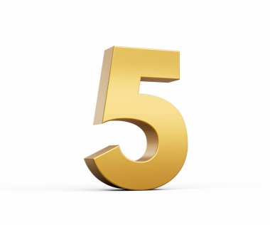 3 Boyutlu Altın Numara 5 Beyaz zemin üzerinde izole edilmiş, 3D illüstrasyon