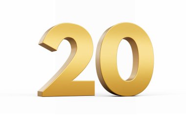 3D Altın Numara 20 Beyaz zemin üzerinde 20 izole edilmiş, 3D illüstrasyon