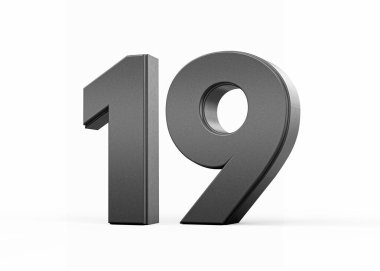Parlak metalik siyah 19 numara. Beyaz arka planda duran 19 numara, 3 boyutlu illüstrasyon.
