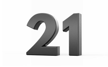Parlak metalik siyah numara 21 Beyaz zemin üzerinde duran 21 numara, 3 boyutlu illüstrasyon