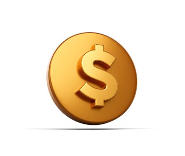 Ortasında beyaz dolar sembolü olan 3D altın yuvarlak düğme. 3B Görüntü.