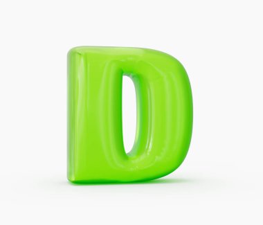 Beyaz arkaplanda yeşil renkli, parlak alfabe D izole edilmiş. 3d illüstrasyon