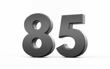 Parlak metalik 85 numara 85 numara beyaz arka planda duran 85 numara, 3 boyutlu illüstrasyon.