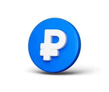 Yüzeyinde beyaz ruble sembolü bulunan 3 boyutlu bir Mavi madeni para çizimi, 3 boyutlu illüstrasyon