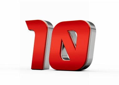 Metalik kırmızı numara 10 ya da 10 gümüş kenarlı beyaz arka planda duruyor. 3d illüstrasyon