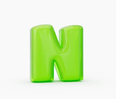 Beyaz arkaplanda yeşil renkli parlak jöle alfabesi N izole edilmiş. 3d illüstrasyon