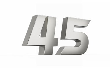 3d gümüş numara 45 45 parlak metalik görünüş beyaz arka planda izole edilmiş, 3d illüstrasyon