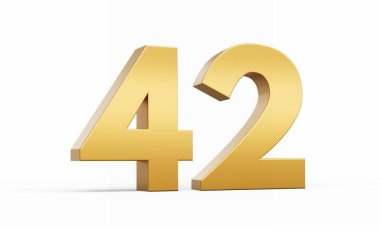 3D Altın Numara 42. Kırk iki beyaz arka planda izole edilmiş, 3D çizim.