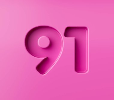 Canlı pembe numara 91 1 pembe arka planda kabartmalı, 3D illüstrasyon