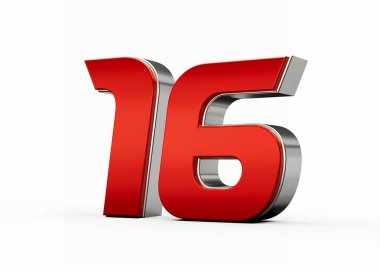 Metalik kırmızı 16 numara veya gümüş kenarlı 16 beyaz arka planda duruyor. 3d illüstrasyon