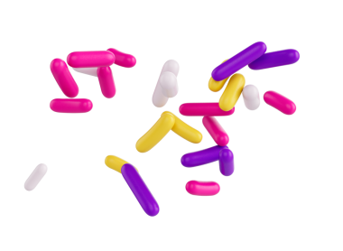 Parlak ve renkli şekerler serpiştirilmiş ve havada yüzüyor, üç boyutlu bir resim.