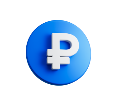 Yüzeyinde beyaz ruble sembolü bulunan 3 boyutlu bir Mavi madeni para çizimi, 3 boyutlu illüstrasyon