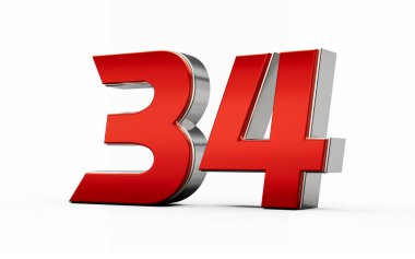 Metalik kırmızı 34 numara gümüş kenarlı 34 numara beyaz arka planda duruyor. 3d illüstrasyon