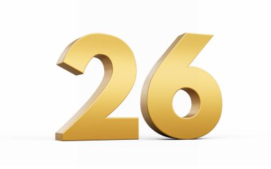 3D Altın Numara 26 Beyaz zemin üzerinde 26 izole edilmiş, 3D illüstrasyon