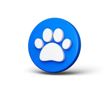 Blue circular button with a white paw print symbol, representing pets or animals. 3D Illustration clipart