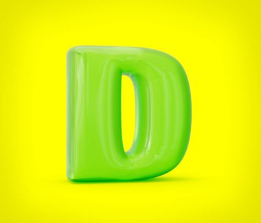Sarı arka planda yeşil, parlak, jöle alfabesi D izole edilmiş. 3d illüstrasyon