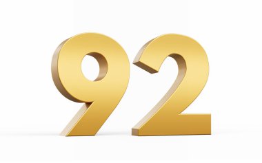 3D Altın Numara 92. 92 Beyaz arka planda izole edilmiş, 3D çizim.