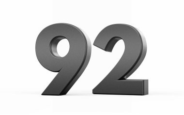 Parlak metalik 92 numara 92 beyaz arka planda duran 92 numara, 3D illüstrasyon.