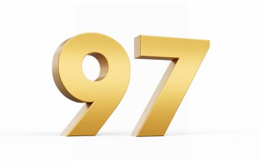 3D Altın Numara 97. Beyaz arkaplanda doksan yedi izole edilmiş, 3D çizim.