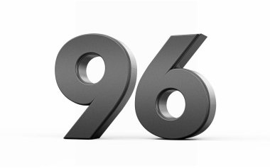 Parlak metalik siyah 96 numara. Doksan altı numara beyaz arka planda duruyor. 3D resim.