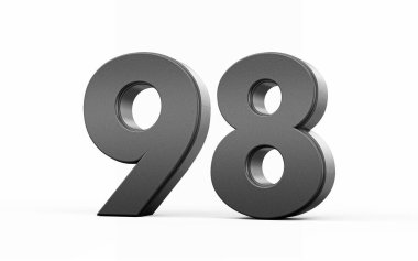 Parlak metalik 98 numara. 98 numara. Beyaz arka planda duruyor. 3D resim.