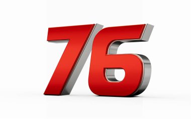 Metalik kırmızı numara 76 veya 76 gümüş kenarlı beyaz arka planda duruyor. 3d illüstrasyon