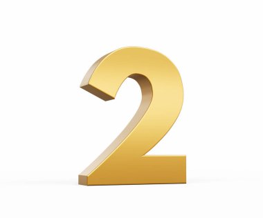 3 Boyutlu Altın Numara 2 Beyaz zemin üzerinde izole edilmiş, 3D illüstrasyon