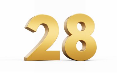 3D Altın Numara 28. Beyaz arkaplanda 28 izole edilmiş, 3D çizim.