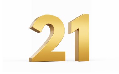 3D Altın Numara 21. Beyaz arkaplanda yirmi bir, üç boyutlu resimleme.