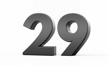 Parlak metalik siyah 29 numara Beyaz zemin üzerinde duran 29 numara, 3 boyutlu illüstrasyon
