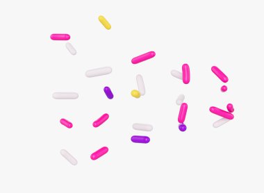 Beyaz arka planda serpiştirilmiş parlak ve renkli şeker parçacıkları, 3 boyutlu illüstrasyon