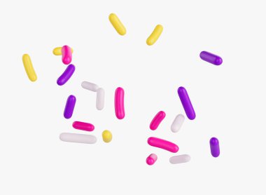 Beyaz arka planda serpiştirilmiş parlak ve renkli şeker parçacıkları, 3 boyutlu illüstrasyon